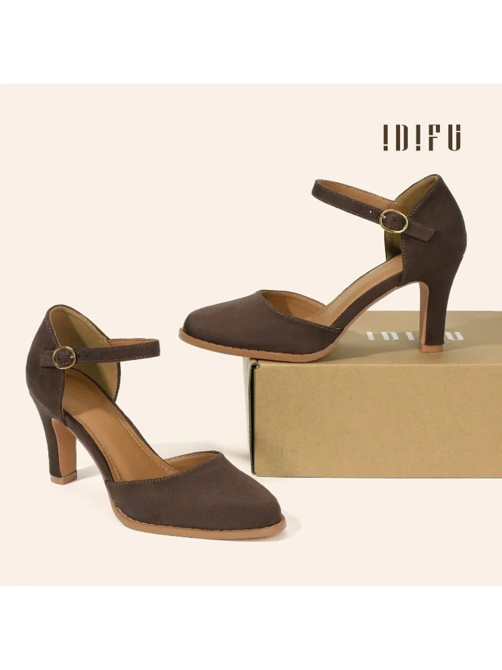 Women's Brown Suede Closed Toe Chunky High Heels Comfortable Dress Pumps Shoes